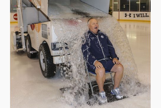 Then Toronto Maple Leafs coach Randy Carlyle gets a Zamboni full of ice water dumped on him a year ago as part of the Ice Bucket Challenge