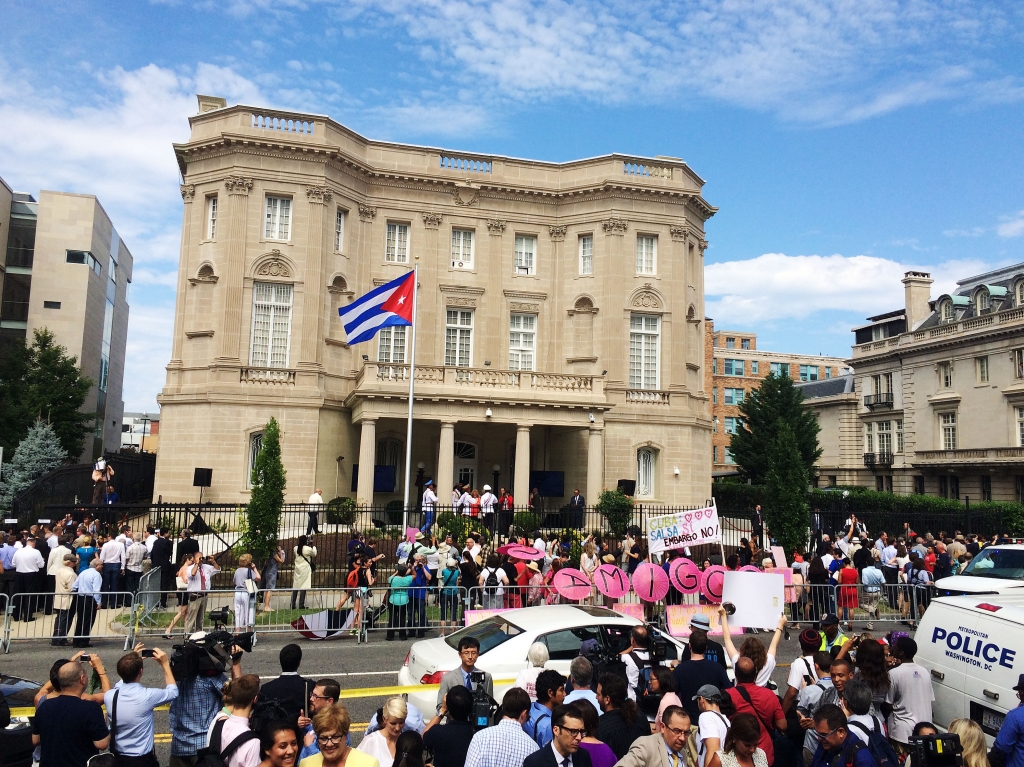 The Cuban flag was raised over the reopened Cuban Embassy in Washington D.C. on July 20. The U.S. Embassy in Havana is set to reopen on Friday