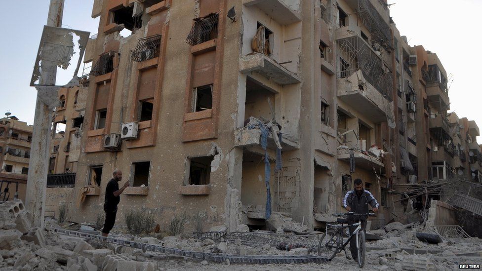 Damaged buildings inside the Palestinian refugee camp of Yarmouk in Damascus Syria