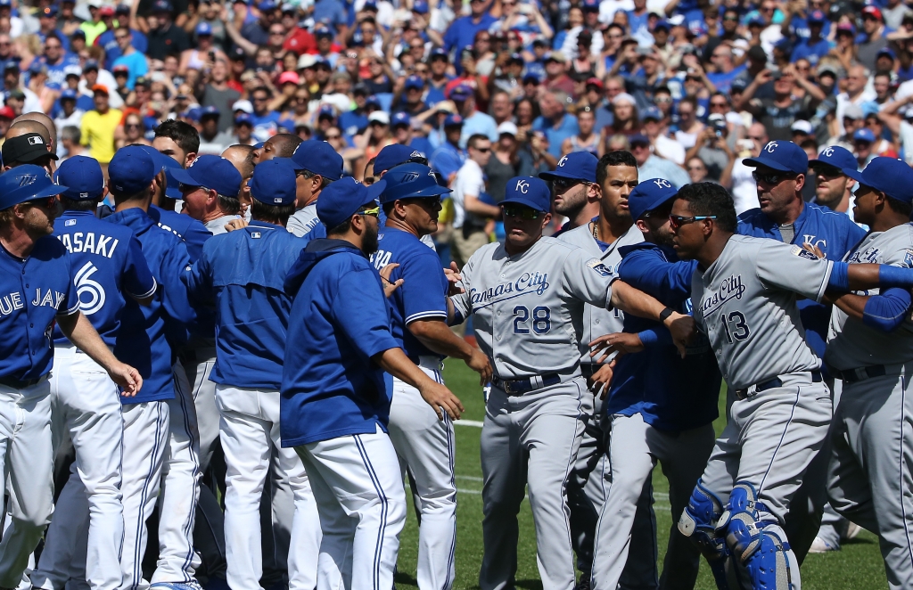 The benches empty between the Blue Jays and Royals