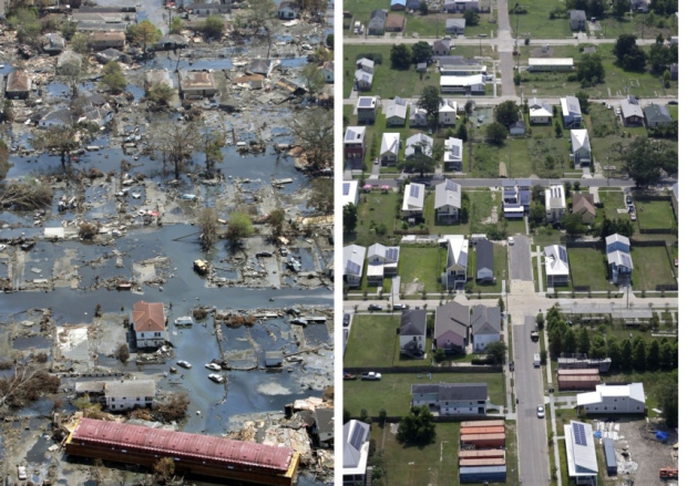 The lower ninth ward of New Orleans in 2005 left and in July this year right