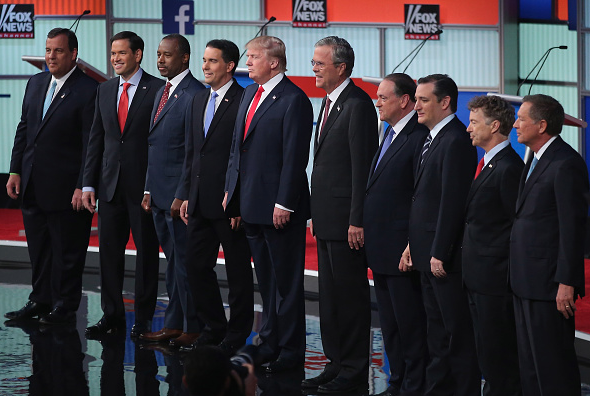 Republican presidential candidates New Jersey Gov. Chris Christie Sen. Marco Rubio, Ben Carson Wisconsin Gov. Scott Walker Donald Trump Jeb Bush Mike Huckabee Sen. Ted Cruz, Sen. Rand Paul and John Kasich take the stage