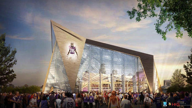 This image released by the Minnesota Sports Facilities Authority and the Minnesota Vikings shows a rendering of the new Vikings stadium