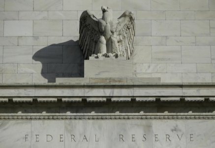 A detail from the front of the United States Federal Reserve Board building is shown in Washingt