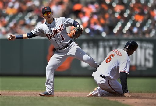 Baltimore Orioles Jonathan Schoop is out at second on a force as Detroit Tigers shortstop Jose Iglesias covers on a ground ball hit by Orioles Nolan Reimold during the third inning of a baseball game Sunday Aug. 2 2015 in Baltimore. (AP