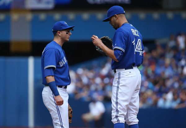 Troy Tulowitzki visting David Price on the mound in the fourth inning during the Blue Jays game against the Minnesota Twins on August 3