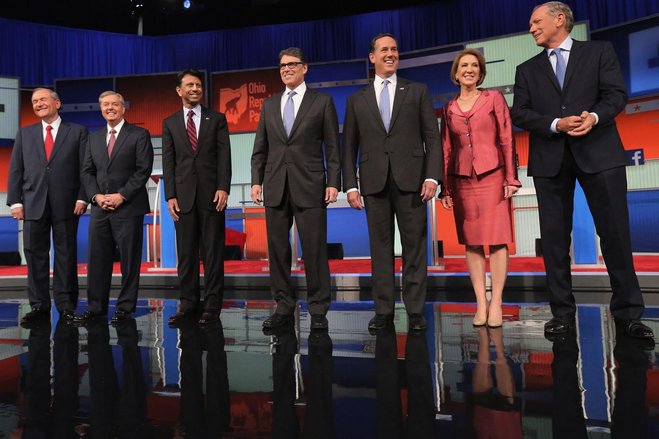 Republican presidential candidates Jim Gilmore, Sen. Lindsey Graham of South Carolina Louisiana Gov. Bobby Jindal Rick Perry Rick Santorum Carly Fiorina and George Pataki were selected to participate in the early forum based on their rank