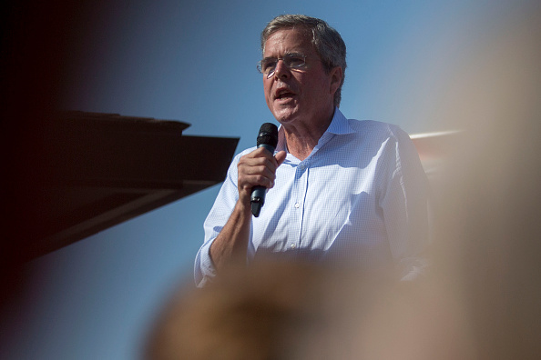 Jeb Bush former governor of Florida and 2016 Republican presidential candidate speaks to attendees at the Iowa State Fair Soapbox in Des Moines Iowa US