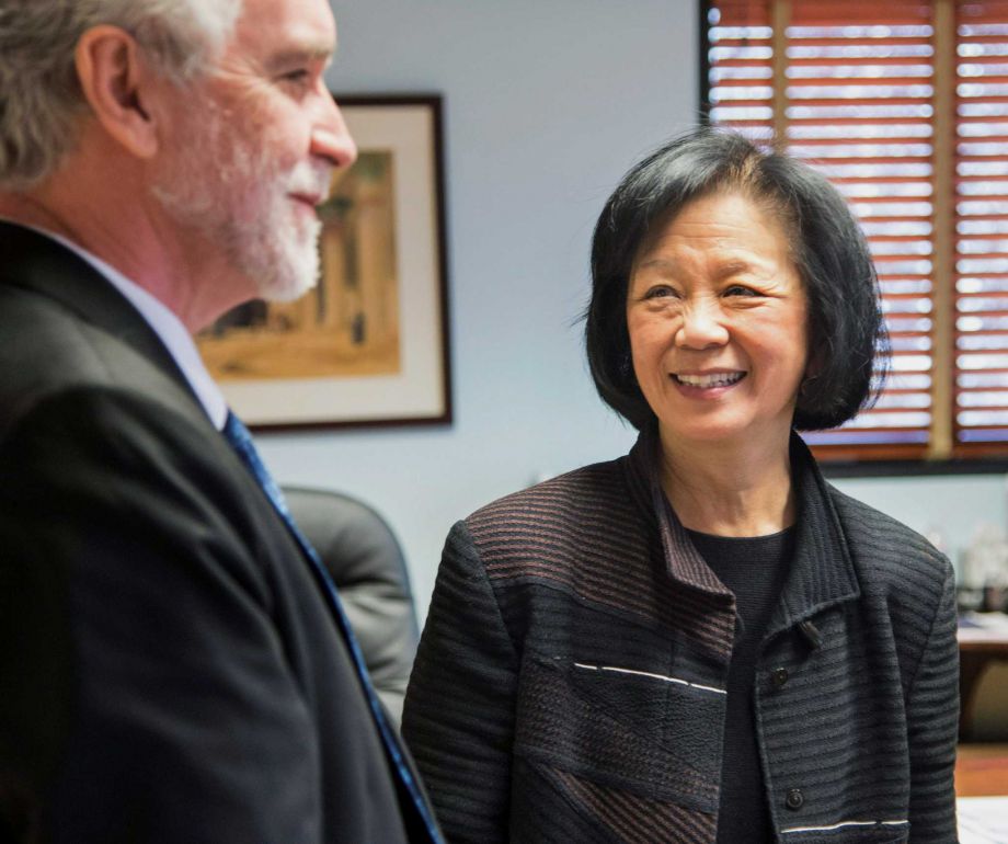 University of Illinois Chancellor Phyllis Wise right talks with university President Timothy Killeen on the Champaign Ill. campus. The U of I began the lengthy process of firing Chancellor Wise Wednesday Aug