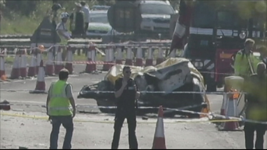 Wreckage from a jet that crashed into a busy main road at an air show in the United Kingdom. 7 people were killed