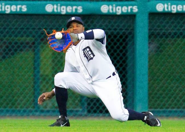 Tigers left fielder Rajai Davis snaring a line drive by the Rangers’ Elvis Andrus on Thursday night