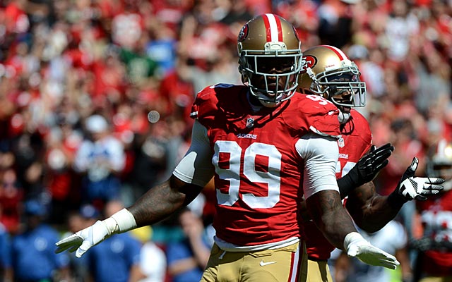 San Francisco CA USA San Francisco 49ers outside linebacker Aldon Smith celebrates after tackling Indianapolis Colts quarterback Andrew Luck during the first quarter at Candlestick Park. Mandatory Credit Kyl