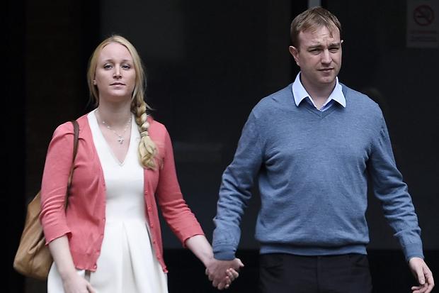 Tom Hayes arrives with his wife Sarah at Southwark Crown Court in London