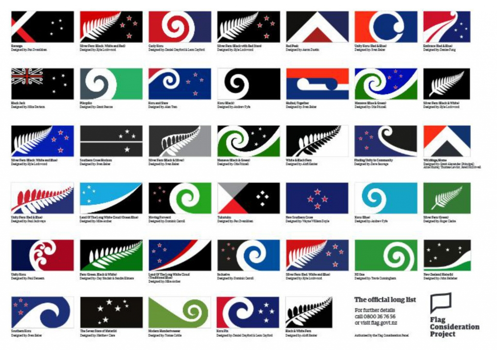 The 40-design shortlist of flags which might replace New Zealand's current flag following national referendums to be held later this year and in March 2016