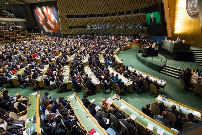 A view of the General Assembly Hall as Secretary General Ban Ki-moon presents his annual report on the work of the Organization to the Assembly