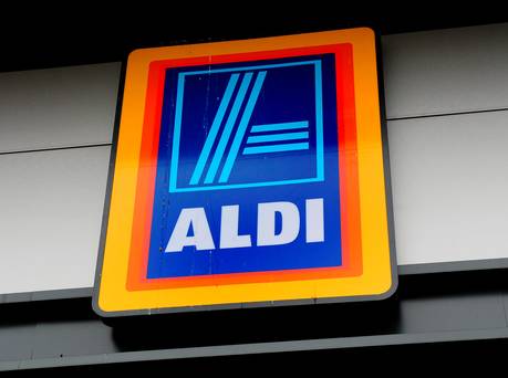 Aldi supermarket logo as the discount retailer has reported a fall in profits as the supermarket price war took its toll on earnings despite sales surging to a new record level