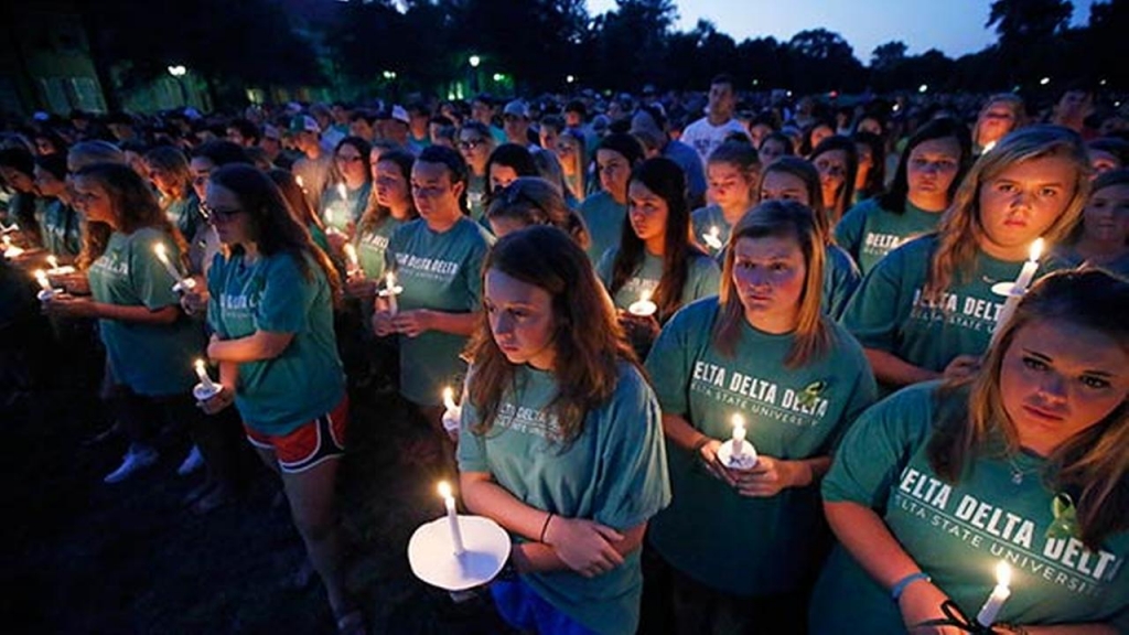 Students faculty staff and members of the community gather on the Delta State University campus Tuesday night Sept. 15 2015 for a vigil honoring Ethan Schmidt