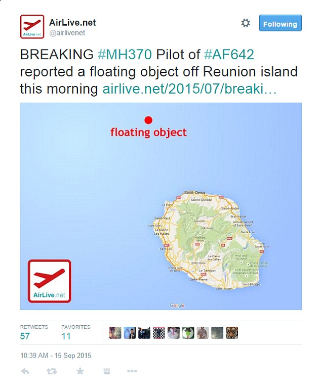 An Air France pilot flying into Reunion Island has reported seeing wreckage 44 miles from the coast