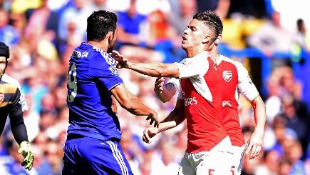 Diego Costa left and Gabriel confront each other at Stamford Bridge