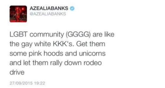 Azealia Banks compares the LGBT community to the KKK