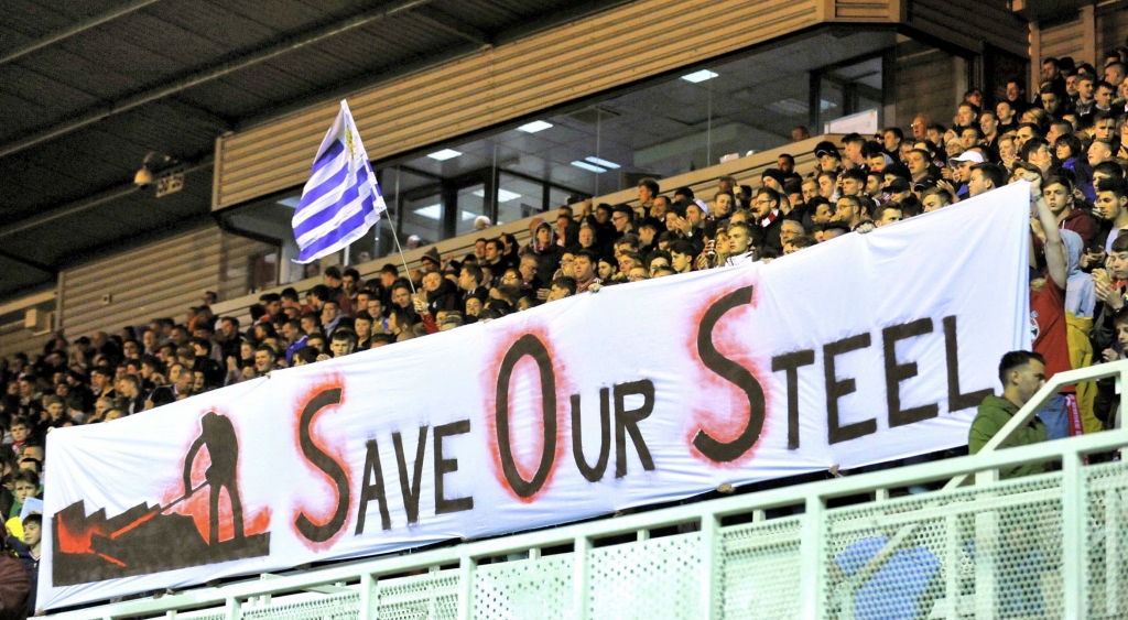 BORO BACKING Middlesbrough's Red Faction show their support for steelworkers at the Riverside in the cup tie against Wolves