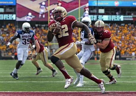 Chestnut Hill MA- 09/12/15- Boston College Eagles running back Jon Hilliman is untouched as he enters the end zone to give the Eagles a 26-0 lead early in the first quarter. The Boston College Eagles take on the Howard Bison at Alumni S