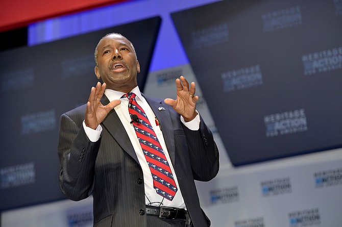 Republican presidential candidate Ben Carson speaks in Greenville S.C. Carson is refusing to back off his weekend charge that Muslims shouldn’t serve in the presidency