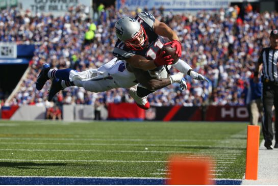 The Patriots Julian Edelman scores a touchdown against the Bills in Orchard Park N.Y. on Sunday. The Patriots won 40-32