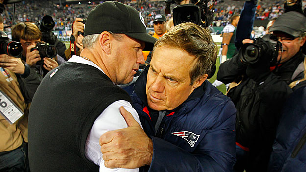 Patriots head coach Bill Belichick and Rex Ryan then with the New York Jets after the Patriots defeated the Jets 49-19 at Met Life Stadium