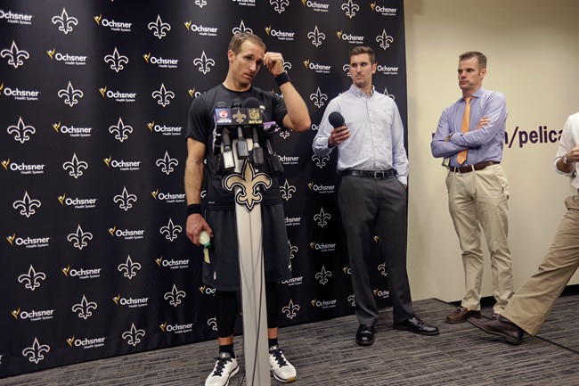 New Orleans Saints quarterback Drew Brees talks to the media regarding his shoulder injury from last Sunday's game against the Tampa Bay Buccaneers during a news conference at their NFL football training facility in Metairie La. Wednesday Sept. 23 20