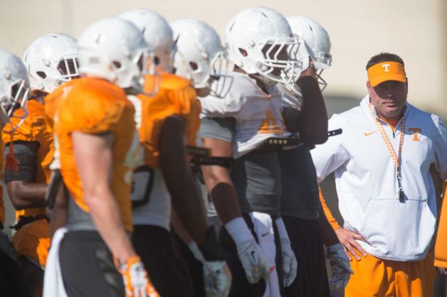 Tennessee head coach Butch Jones right works with special teams during NCAA college football practice in Knoxville Tenn. Wednesday Aug. 26 2015. MANDATORY CREDIT