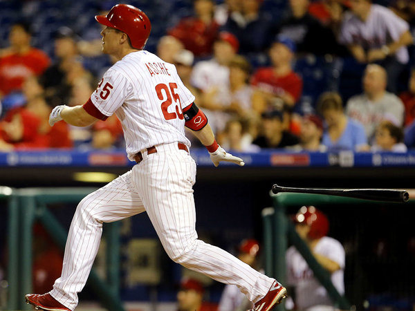 Phillies´ Cody Asche watches his game winning two-run home run to beat the Chicago Cubs on Saturday