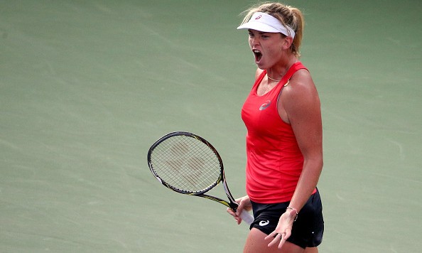 NEW YORK NY AUGUST 31 Coco Vandeweghe of the United States reacts after defeating Sloane Stephens of the United States in their Women's Singles First Round match on Day One of the 2015 US Open at the USTA Billie Jean King National Tennis Center