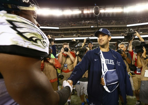 Getty  AFP  File  Rich SchultzDeMeco Ryans of the Philadelphia Eagles shakes hands with Tony Romo of the Dallas Cowboys after their football game at Lincoln Financial Field