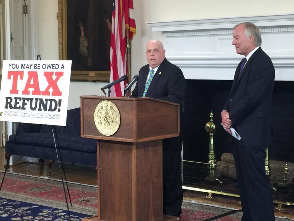 Gov. Larry Hogan appears at a news conference with Comptroller Peter Franchot