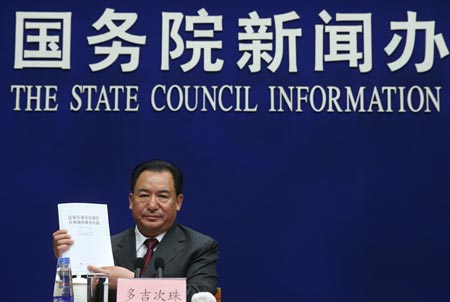 Doje Cezhug vice chair of the Tibet autonomous region fields questions at a press conference announcing the white paper in Beijing Sept. 6