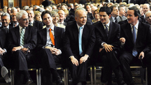 From left to right Chancellor Alistair Darling Liberal Democrat leader Nick Clegg Shadow Foreign Secretary William Hague Foreign Secretary David Miliband and Tory Leader David Cameron in the Royal at the Palace of Westminster