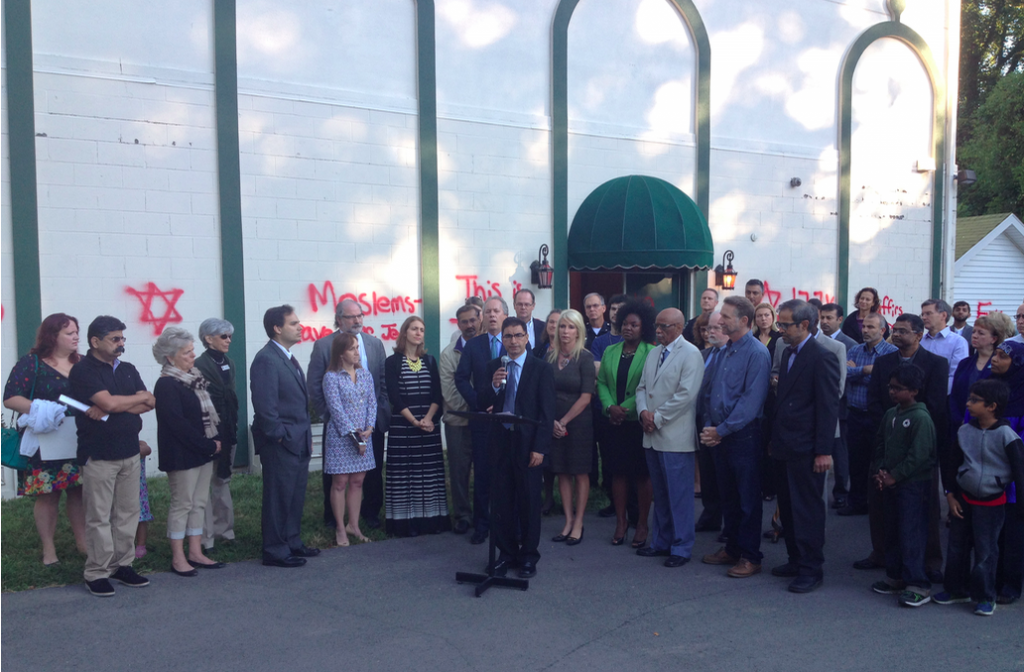 Dr. Muhammad Babar and supporters of the Louisville Islamic Center gathered Thursday morning in the wake of yesterday's vandalism