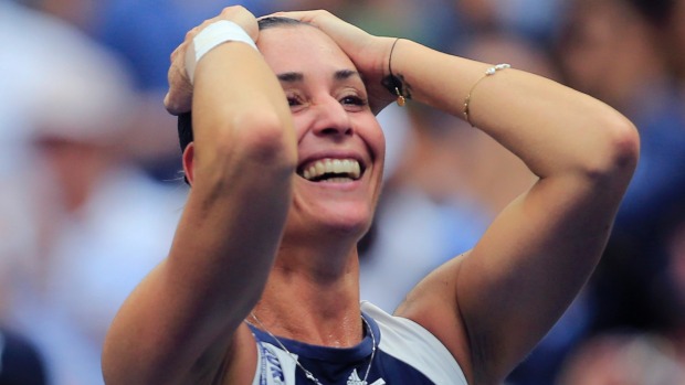 World No 26 Italian tennis star celebrates in her moment of triumph at the US Open