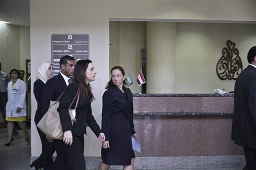 Secretary of Foreign Relations Claudia Ruiz Massieu center arrives to speak to the media after her visit to injured Mexican tourists at the Dar Al Fouad Hospital in Cairo Egypt Wednesday Sept. 16 2015. Massieu is in Cairo after Egyptian security for