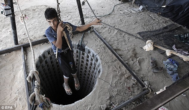 A Palestinian youth shows how to abseil into one of the tunnels on the Gaza side after Egyptian forces flooded smuggling tunnels beneath the border to the Gaza strip in Rafah southern Gaza Strip