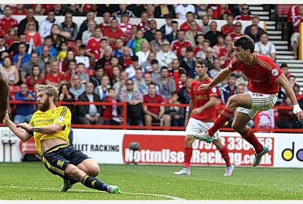 Eric Lichaj lets fly with a shot for Nottingham Forest against Middlesbrough