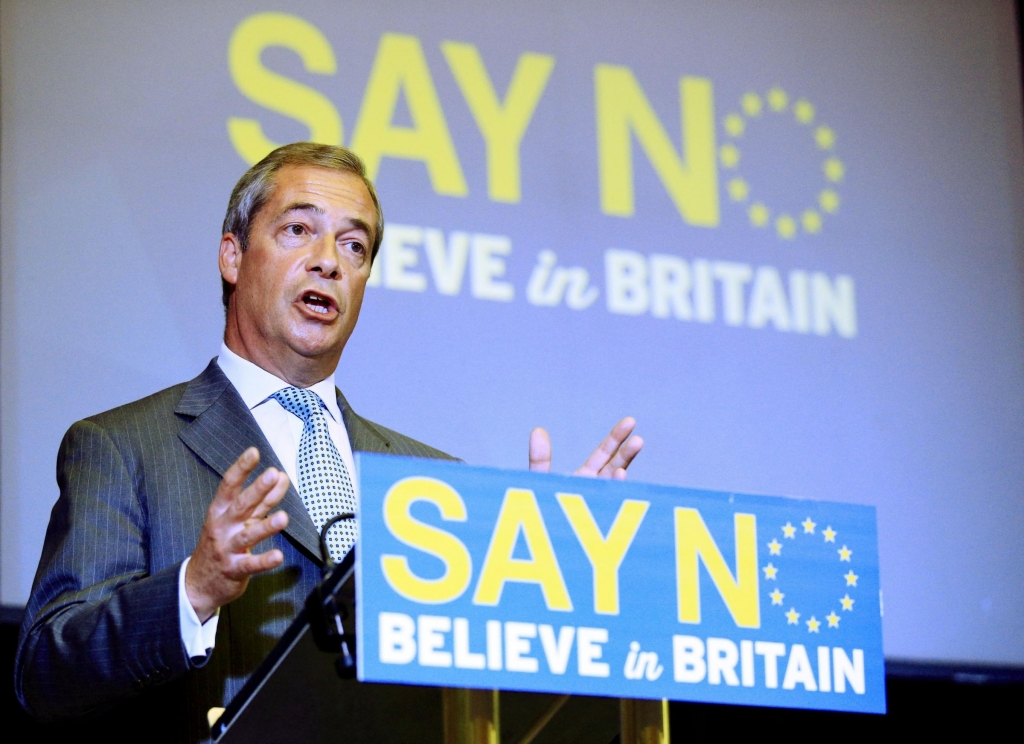 Ukip leader Nigel Farage delivers a speech supporting the No campaign in the upcoming EU referendum at the Emmanuel Centre in London. PRESS ASSOCIATION