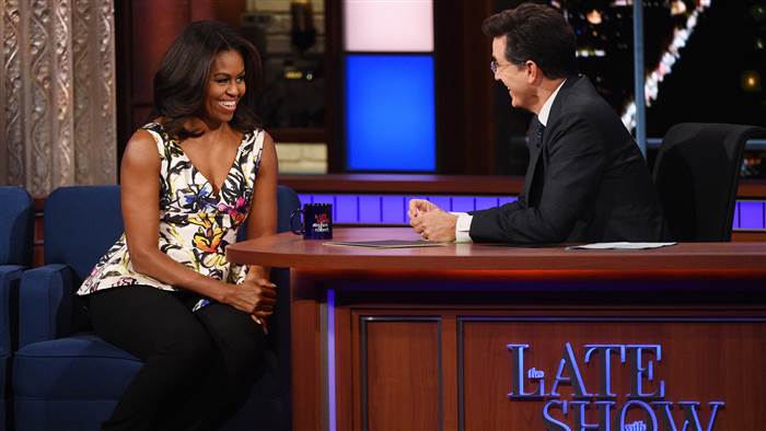 First Lady Michelle Obama on The Late Show with Stephen Colbert Monday Sept. 28 2015 on CBS