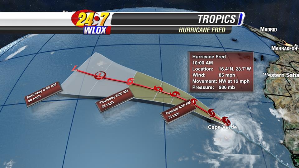 Fred was forecast to become a hurricane on Monday and then weaken to tropical storm strength by Tuesday