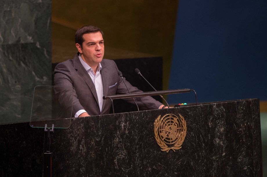 Prime Minister of Greece Alexis Tsipras addresses the 2015 Sustainable Development Summit Sunday Sept. 27 2015 at United Nations headquarters