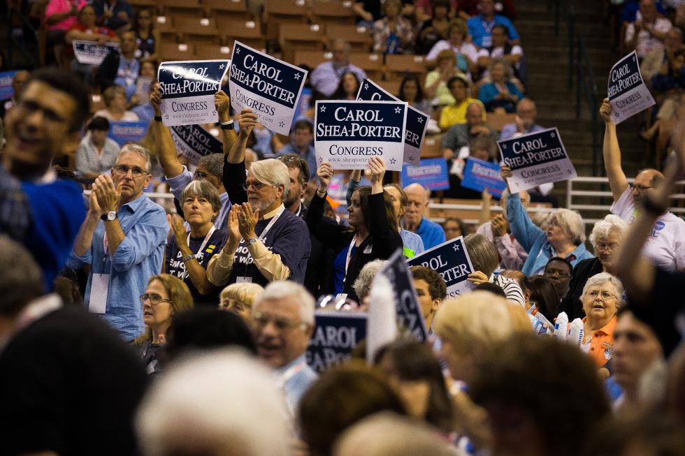 Carol Shea Porter supporters cheer during the New Hampshire Democratic Party State Convention in Manchester on Saturday Sept. 19 2015. - ELIZABETH FRANTZ | Concord Monitor