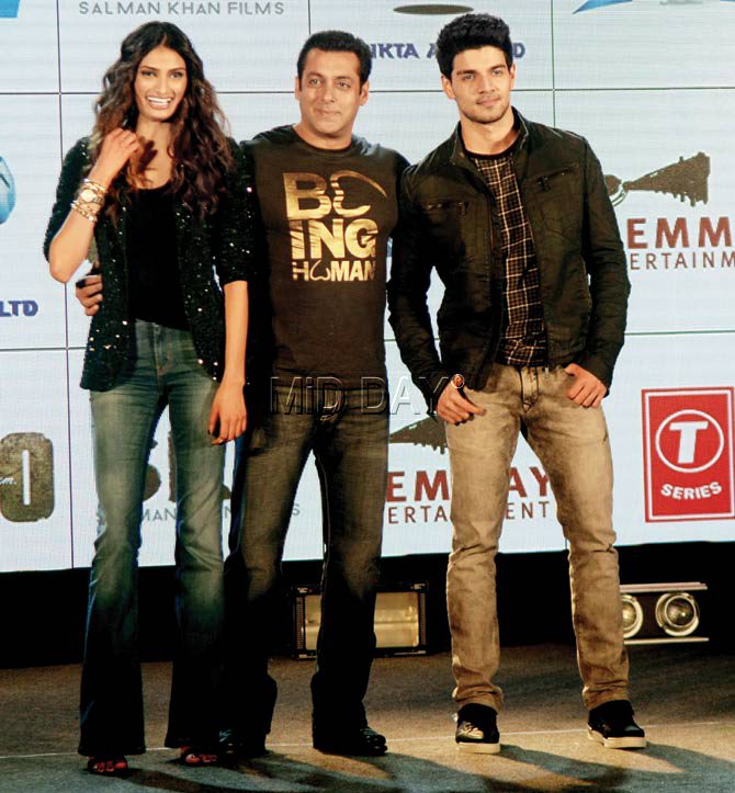 From left Athiya Shetty Salman Khan and Sooraj Pancholi