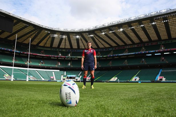 George Ford of England practices his kicking during the England Captain's Run on the eve of the opening Rugby World Cup 2015 match against Fiji at Twickenham Stadium