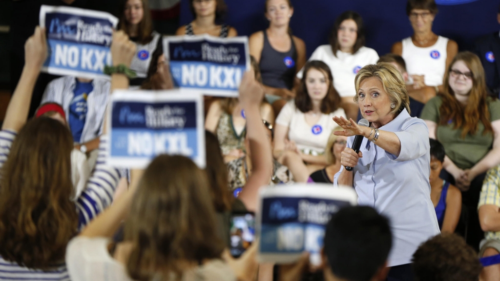 Hillary Clinton asks protesters opposed to the Keystone XL oil pipeline to stop disrupting her campaign event Friday in Portland Maine